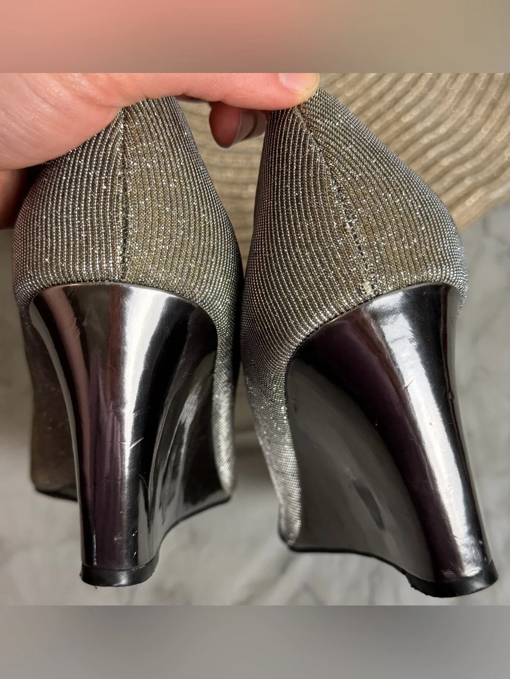 Bandolino Peep Toe Gold Silver Metallic Sparkle Woven Pattern 8.5 Heel 3